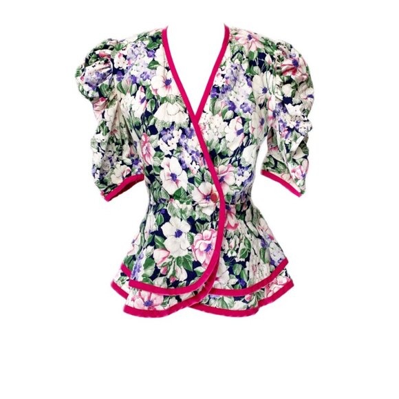 1980's Cotton Floral Puff Sleeve Peplum Blouse - Picture 1 of 4